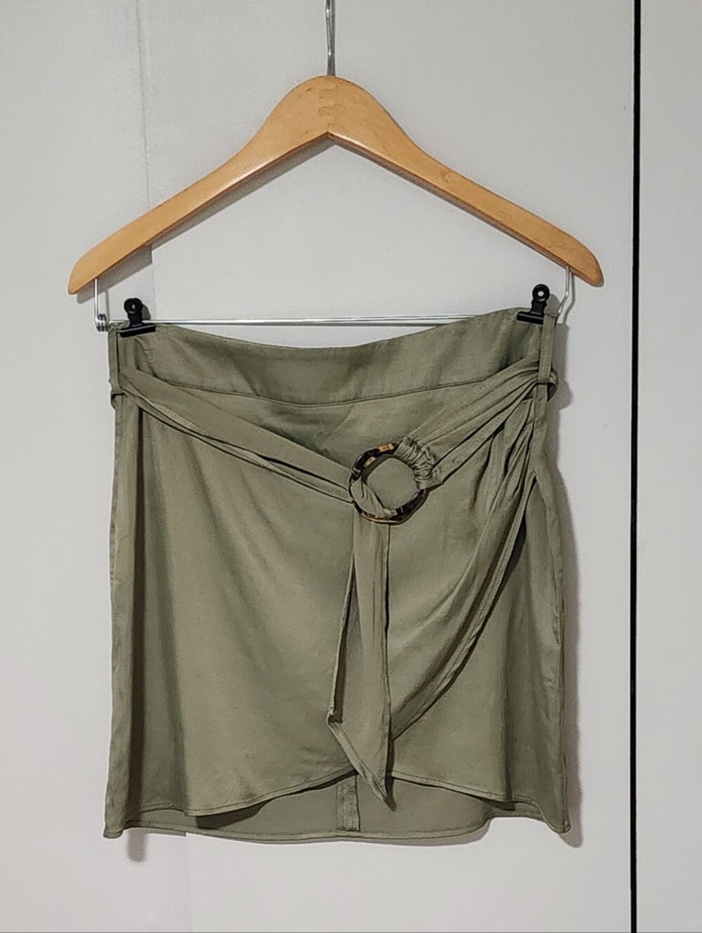 Zara Olive Green Wrap Mini Skirt with Tortoiseshell Ring
